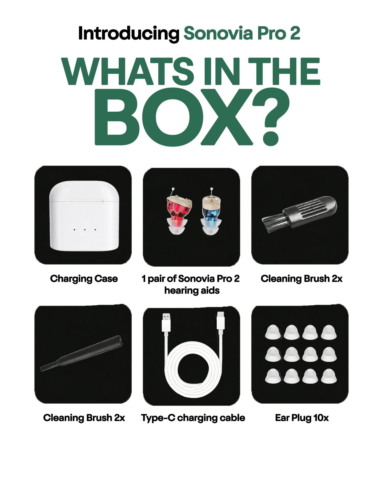 Product packaging list for Sonovia Pro 2 hearing aids with charging case, earbuds, cleaning brush, and other accessories.