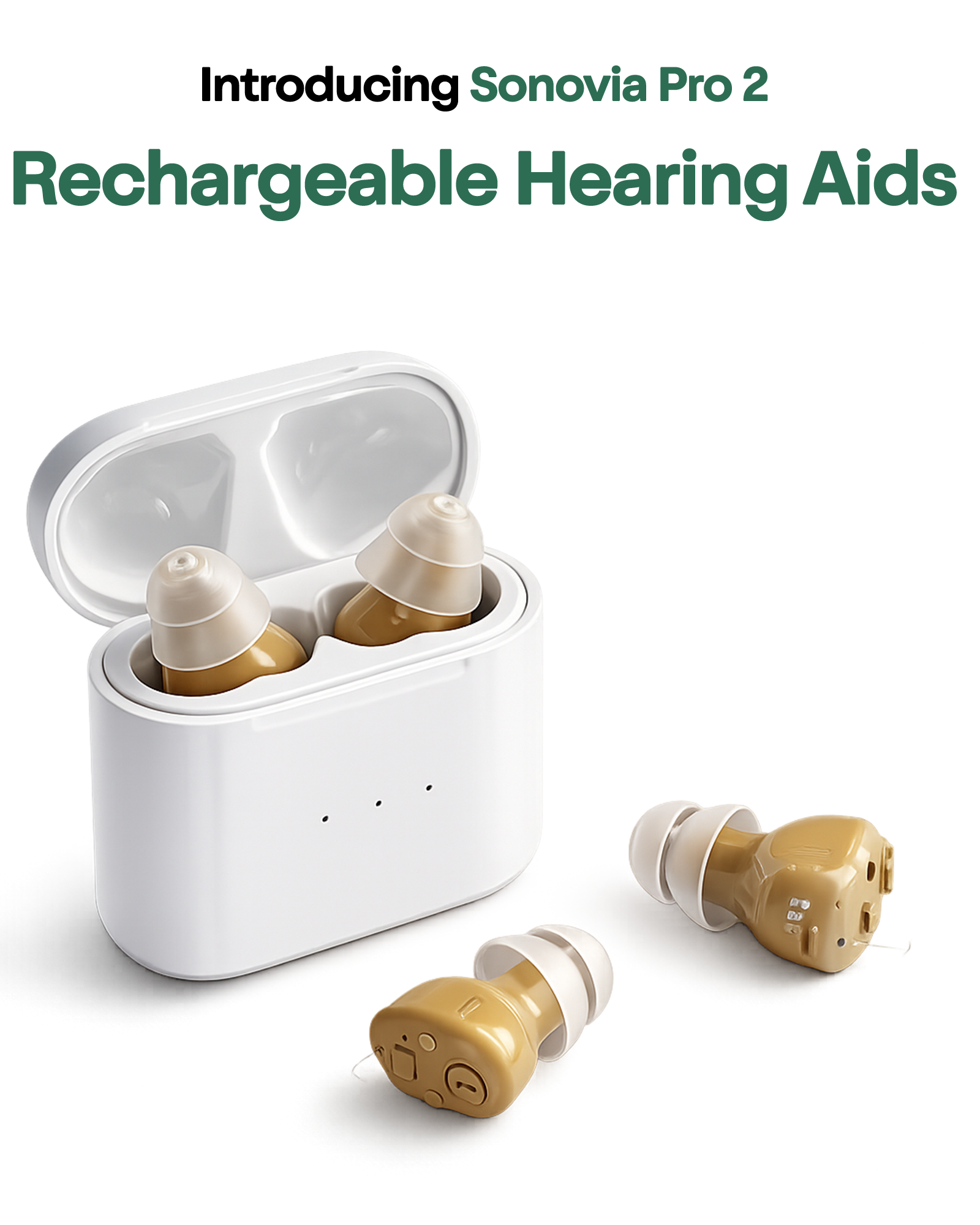 Sonovia Pro 2 rechargeable invisible hearing aids with compact charging case and in-ear CIC design for discreet everyday hearing support